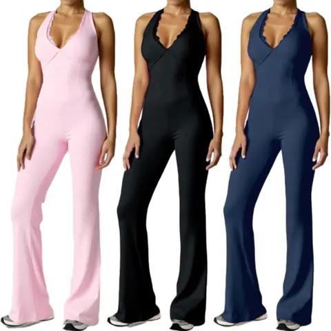 Women's Sexy Backless Halter Neck Yoga Jumpsuit - Seamless Breathable Stretchy Workout Bodysuit with Ultra-Long Length High-Waisted Square Neck & Contrast Color Blocking for Yoga Gym Wear