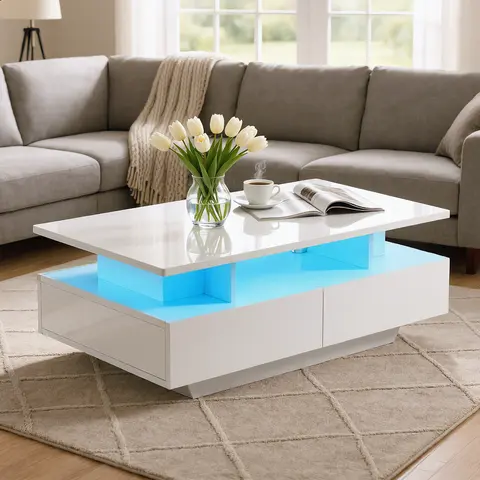 Yitahome LED Coffee Table with Storage, High Glossy LED Coffee Tables for Living Room, Small Center Table with Open Display Shelf&Sliding Drawers