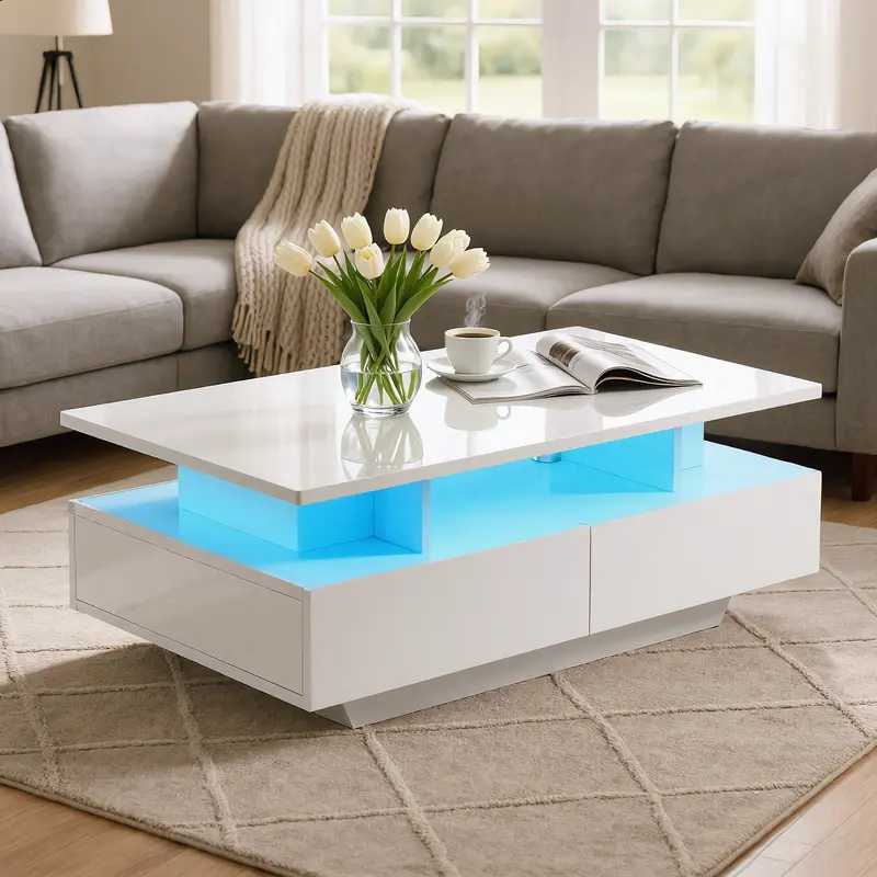 Yitahome LED Coffee Table with Storage, High Glossy LED Coffee Tables for Living Room, Small Center Table with Open Display Shelf&Sliding Drawers