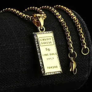 MaxBling81 Unisex Plated Metal Hip Hop Necklace Set - Stainless Steel CZ 5g Gold-Style Bar Pendant, 3mm 24" Rolo Chain, Casual Daily Wear Costume Jewelry Gift for Women