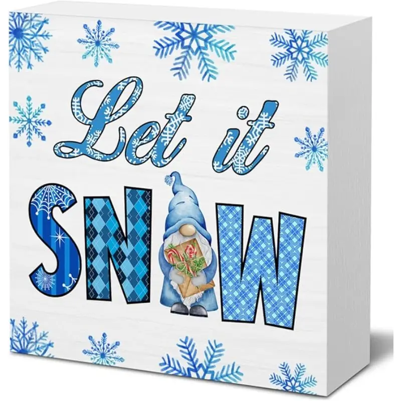 Winter Wooden Sign Let It Snow Wooden Block Sign Winter Snowflake Gnomes Decor for Home Table Desk Shelf,5x5 inch