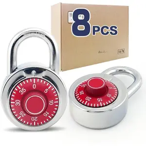 Standard Dial Combination Lock, 2 in. Wide, with Different Combinations, Red Turnplate, Pack of 8; Lock for School, Employee, Gym  Locker, Case, Toolbox, and so