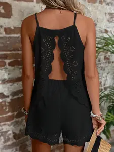 Women's Solid Backless Lace Up Crop Tank Top & Shorts Two-Piece Set, Casual Fashion Cozy Breathable Two Piece Outfits for Daily Outdoor Wear, Ladies Clothes for All Seasons Womenswear