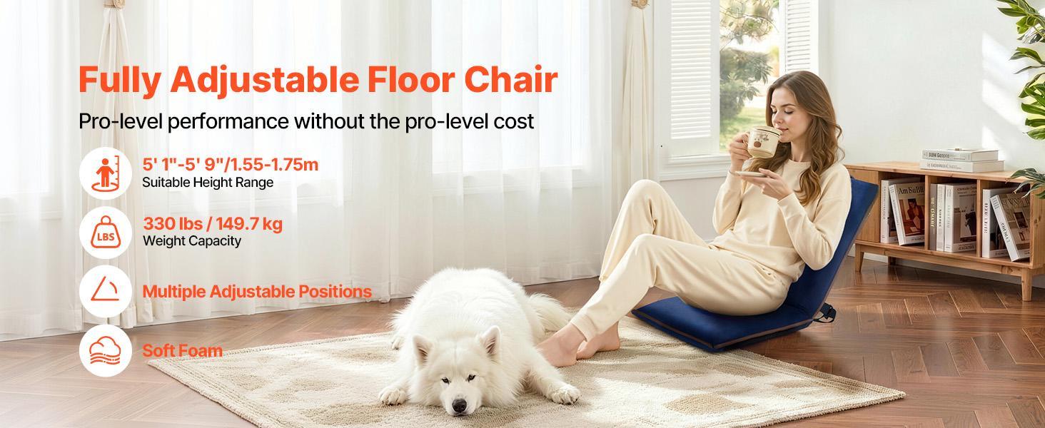 VEVOR Floor Chair, 6 Adjustable Positions Folding Floor Gaming Chair with Back Support, Easy to Carry, Sturdy Metal Frame with Recycled Foam and Suede Fabric Surface, for Reading, Relaxing, Dark Blue