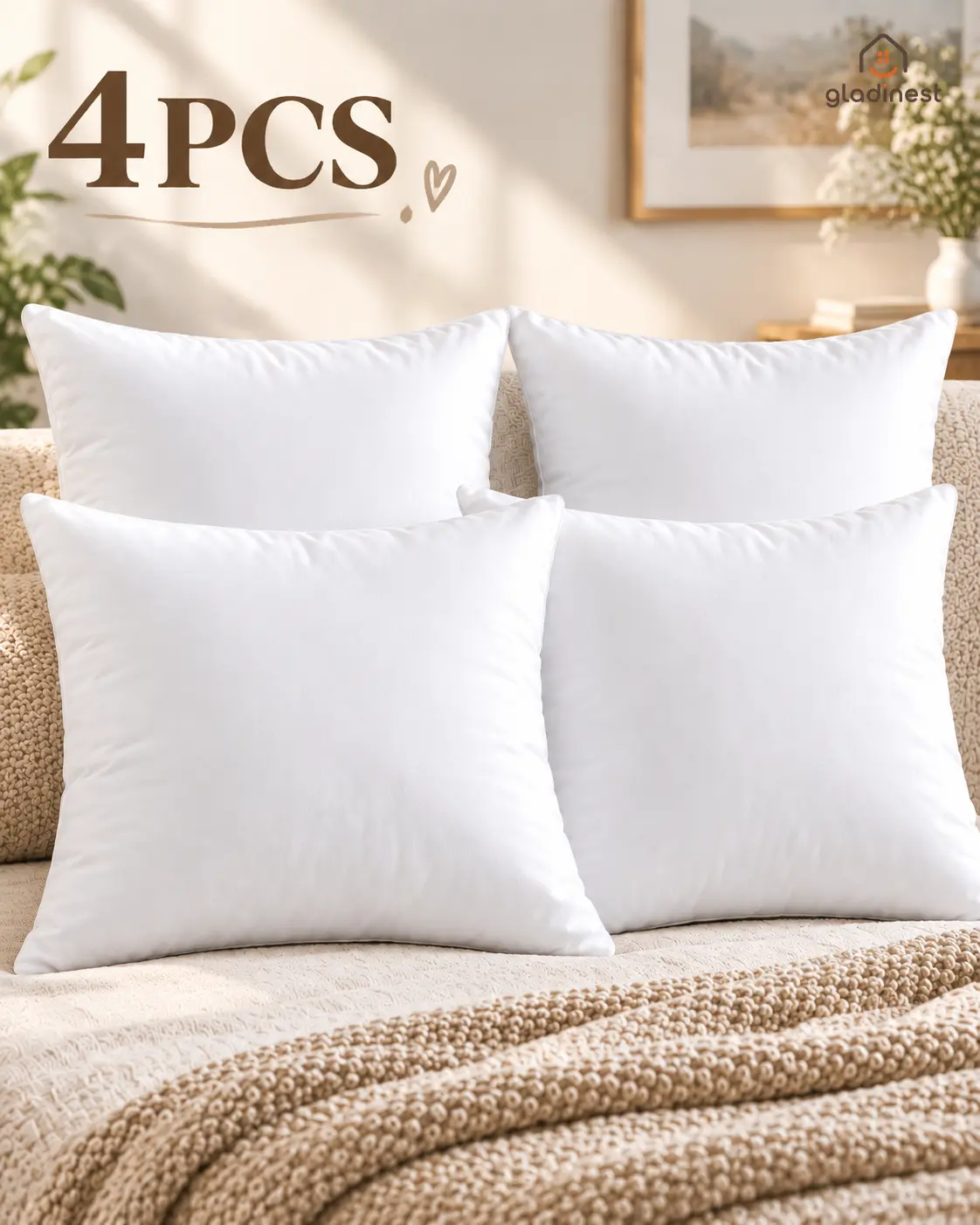 Gladinest Fluffy Square Pillow Inserts, Plump Cushion Inserts with Zipper, Soft Pillow Cores for Sofa, Bed & Patio, Machine Washable Decorative Cushion Fillers, 5 Sizes Available