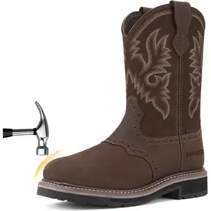 Steel Toe Work Boots for Men, Waterproof Square Toe Cowboy Boots Slip on, Comfortable Soft Toe Pull on Western Safety Work Shoes for Construction Industrial Working Welding Riding, Brown