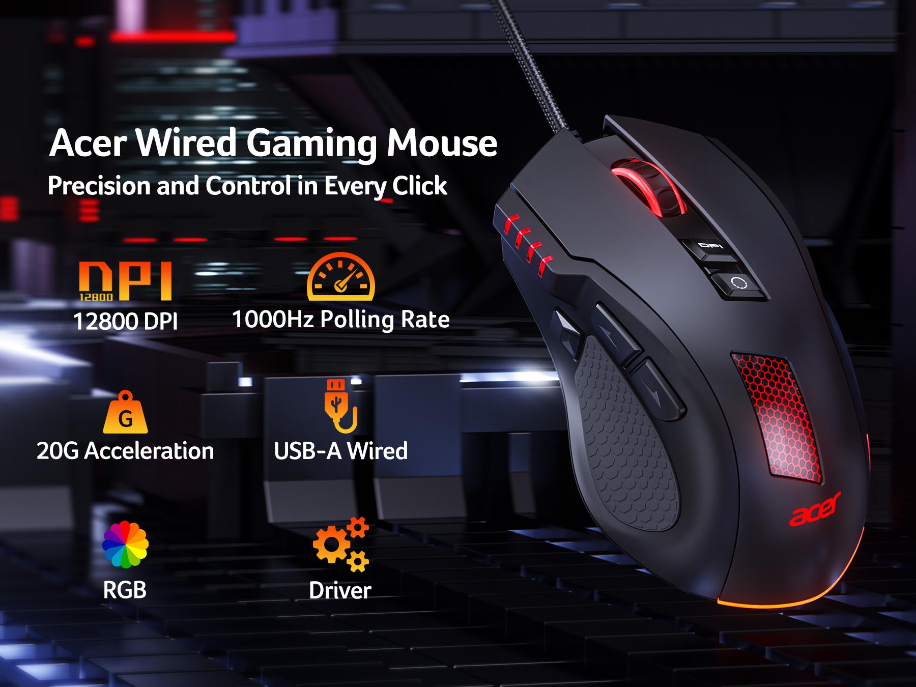 acer Wired Gaming Mouse, 12,800 DPI RGB Ergonomic Computer Mouse with Optical Sensor, 8 Programmable Buttons, 12 Backlit Modes, Software for DIY Keybinds, Rapid Fire, USB Gaming Mice for Laptop, PC
