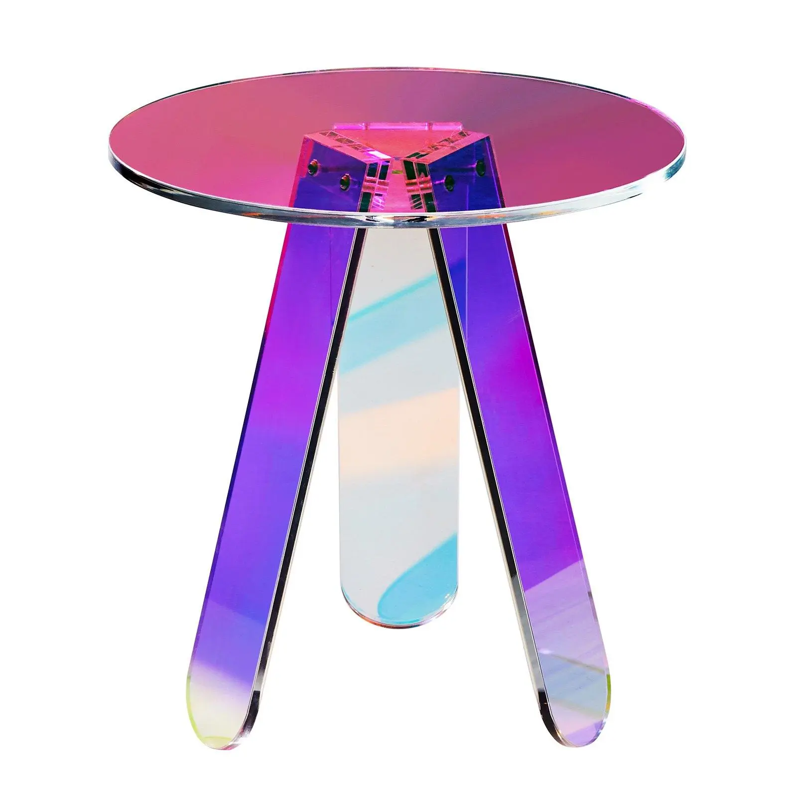 17.7” Round Iridescent Acrylic Side Table, 12mm Thick Rainbow Transparent End Table, Impact Resistant Clear Coffee Table with Triangle Support Legs & Non-Slip Pads, Easy Assembly Accent Table for Living Room Bedroom Study Home Decor
