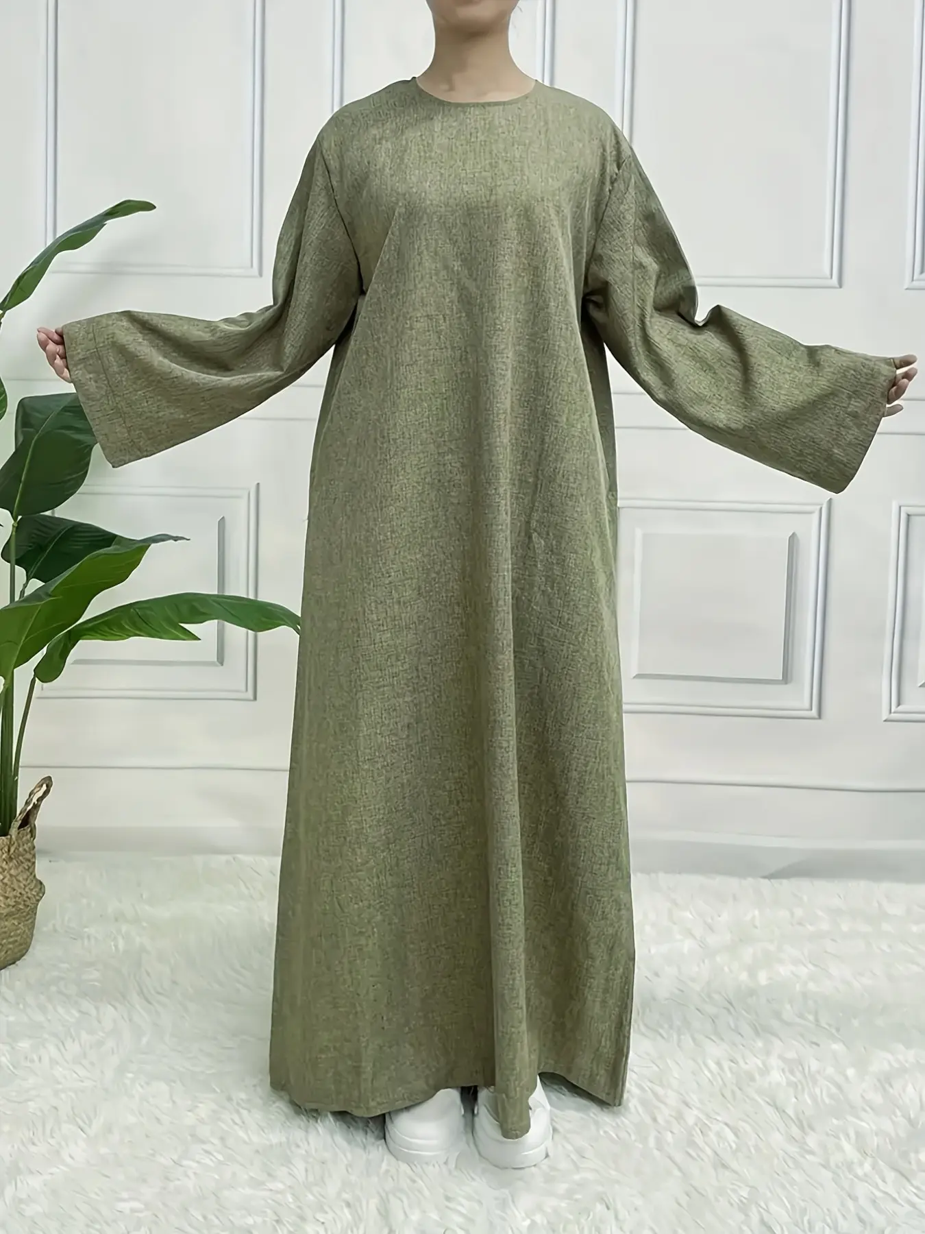 Modest Olive Linen Maxi Dress, Long Sleeve, Casual Comfort Vibe, Loose A-Line Fit, Long Length, Wrinkle-Resistant & Soft, Ideal for Daily Wear, Summer