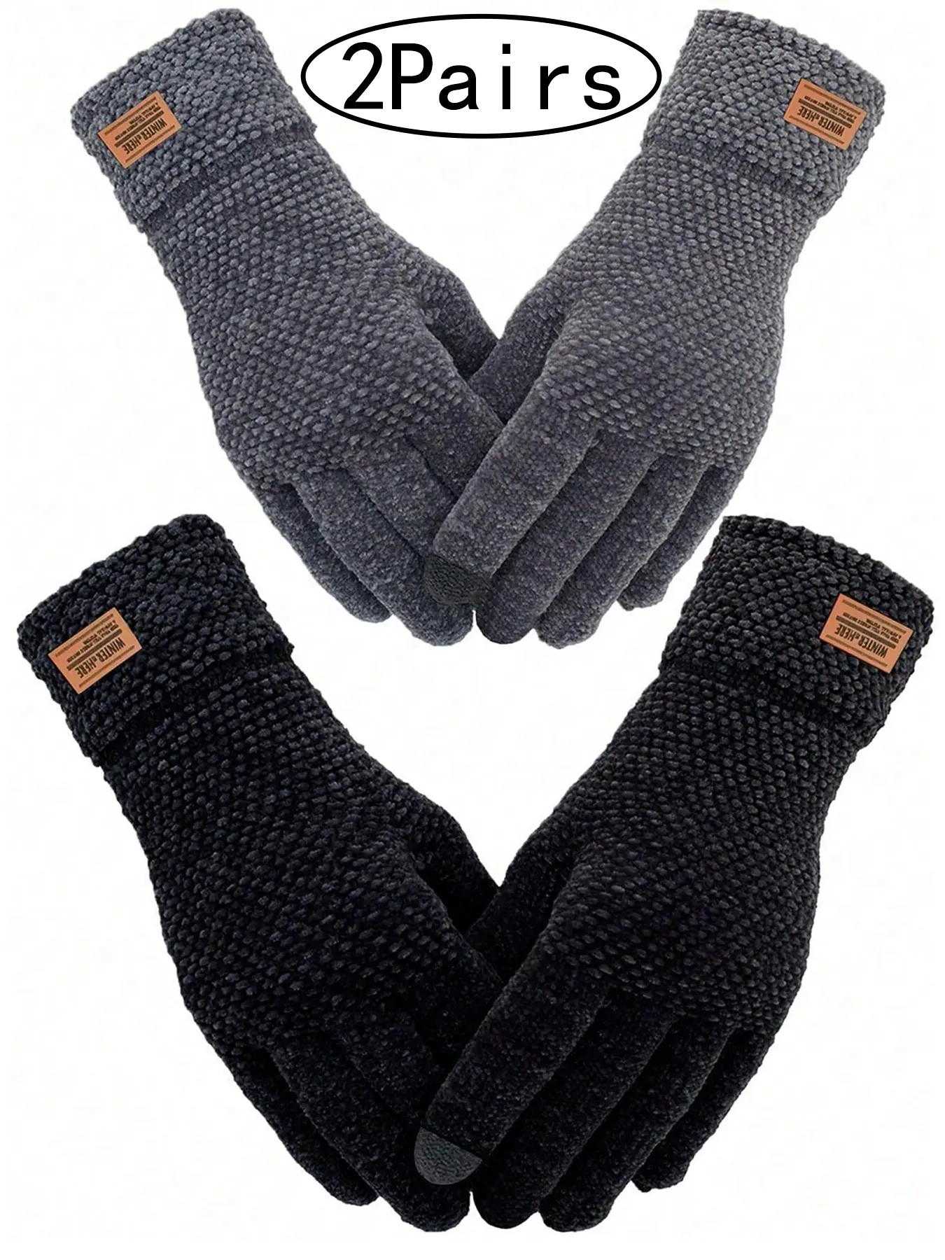 2Pairs-Winter Touchscreen Gloves Warm Knit Lining Elastic Cuff, Fitted Casual Style for Fall & Winter, Unisex Texting Gloves Warming Gloves for Cold Weather