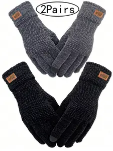 2Pairs-Winter Touchscreen Gloves Warm Knit Lining Elastic Cuff, Fitted Casual Style for Fall & Winter, Unisex Texting Gloves