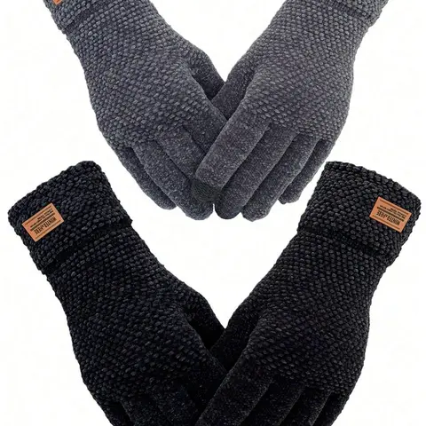 2Pairs-Winter Touchscreen Gloves Warm Knit Lining Elastic Cuff, Fitted Casual Style for Fall & Winter, Unisex Texting Gloves Warming Gloves for Cold Weather