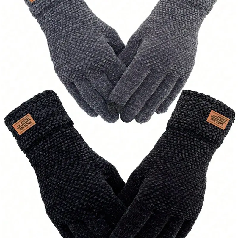 2Pairs-Winter Touchscreen Gloves Warm Knit Lining Elastic Cuff, Fitted Casual Style for Fall & Winter, Unisex Texting Gloves Warming Gloves for Cold Weather