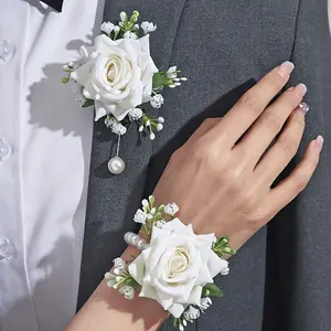 [Elegant Corsage for School Events] 2pcs Elegant Rose Corsage and Wrist Flower Set in Polyester Fiber for School Events, Parties, Weddings Decorations