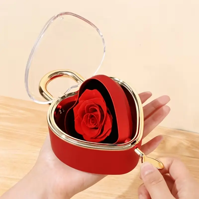 1PC Rotating Rose Jewelry Box with Key Lockable Lid -  Suitable for Necklace & Earring Storage, Organiser, Proposal Ring Box, Romantic Gift Box for Women, Wedding Engagement Gift for Wife, Girlfriend, Valentine's Day ，Graduation & Back To School Present