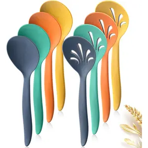 8 count 10" Large Plastic Wheat Straw Serving Spoons Set, Serving Spoons & Slotted Spoons, Kitchen Mixing Serving Spoon for Party Buffet Catering (Orange/Blue/Yellow/Green, Not for Cooking)