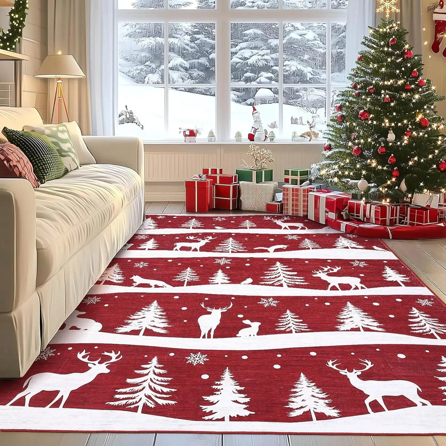 GARVEE 6x9 Area Rugs for Living Room, Christmas Rugs with Xmas Tree Reindeer Snowflake for Holiday Decor, Non Slip Low Pile Washable Rug for Dining Room, Bedroom, Red
