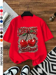 Women's Cherry & Letter Print Round Neck Tee, Fashion Casual Crew Neck T-shirt for Daily Holiday Vacation Outdoor Wear, Ladies Clothes for Summer, Top