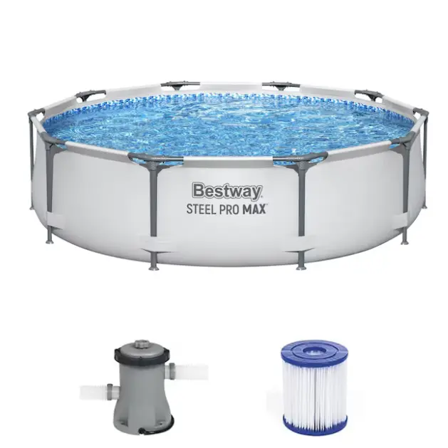Bestway Steel Pro MAX 10ft x 30in Round Steel Frame Above Ground Outdoor Swimming Pool with 330-gal Filter Pump, Built-In Flow Control Valve, 1,236-gal Capacity for Backyard, Garden Family Use