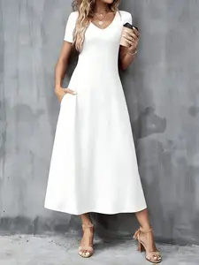 V-Neck White Maxi Dress with Pockets Lightweight & Breathable for Spring & Summer Casual OOTD Womenswear Hip Basic Minimalist Shortsleeve