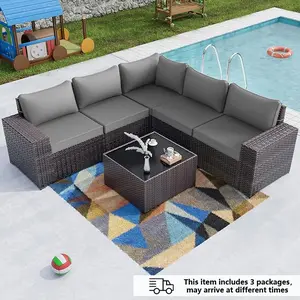 【Back To School】[3 packages delivery] Kullavik Patio Furniture 6 Pieces Outdoor Sectional PE Rattan Sofa Set Brown Manual Wicker Patio Conversation Set with 5 Seat Cushions and 1 Tempered Glass Tea Table
