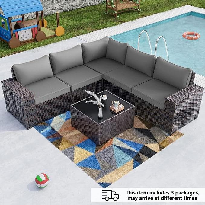 [3 packages delivery] Kullavik Patio Furniture 6 Pieces Outdoor Sectional PE Rattan Sofa Set Brown Manual Wicker Patio Conversation Set with 5 Seat Cushions and 1 Tempered Glass Tea Table,outdoorfurnitureset