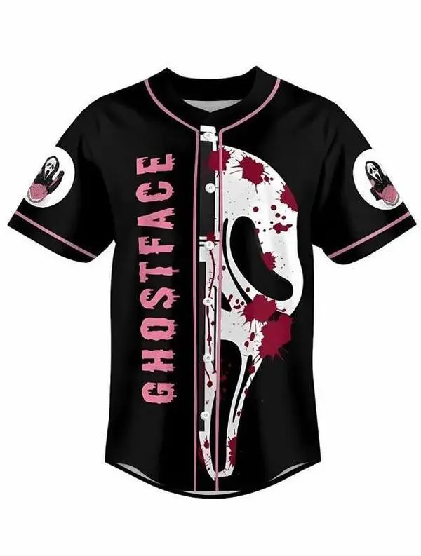 Full Print Vintage Ghostface Scream Baseball Jersey Shirt, Casual No You Hang Up Horror Movie Baseball Jersey, Unisex Merch Shirt