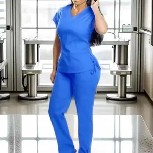 Women's Slim Fit Scrub Set V-Neck Top with Side Tie & Tapered Pants with Drawstring Waist & Pockets Breathable Stretch Fabric Workwear Clothes for Healthcare Workers Womenswear Leg