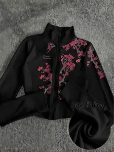 Women's Slim Fit Zipper Jacket, Floral Print, Casual Street Style, High Neck, Elastic Waist, Yoga Jacket, Daily Wear, Youth Outerwear
