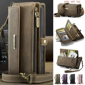 Lanyard Leather Zip Wallet Card Phone Case for iPhone 17 Pro Max Air 17E 16 15 Plus 14 13 12  Crossbody Cover