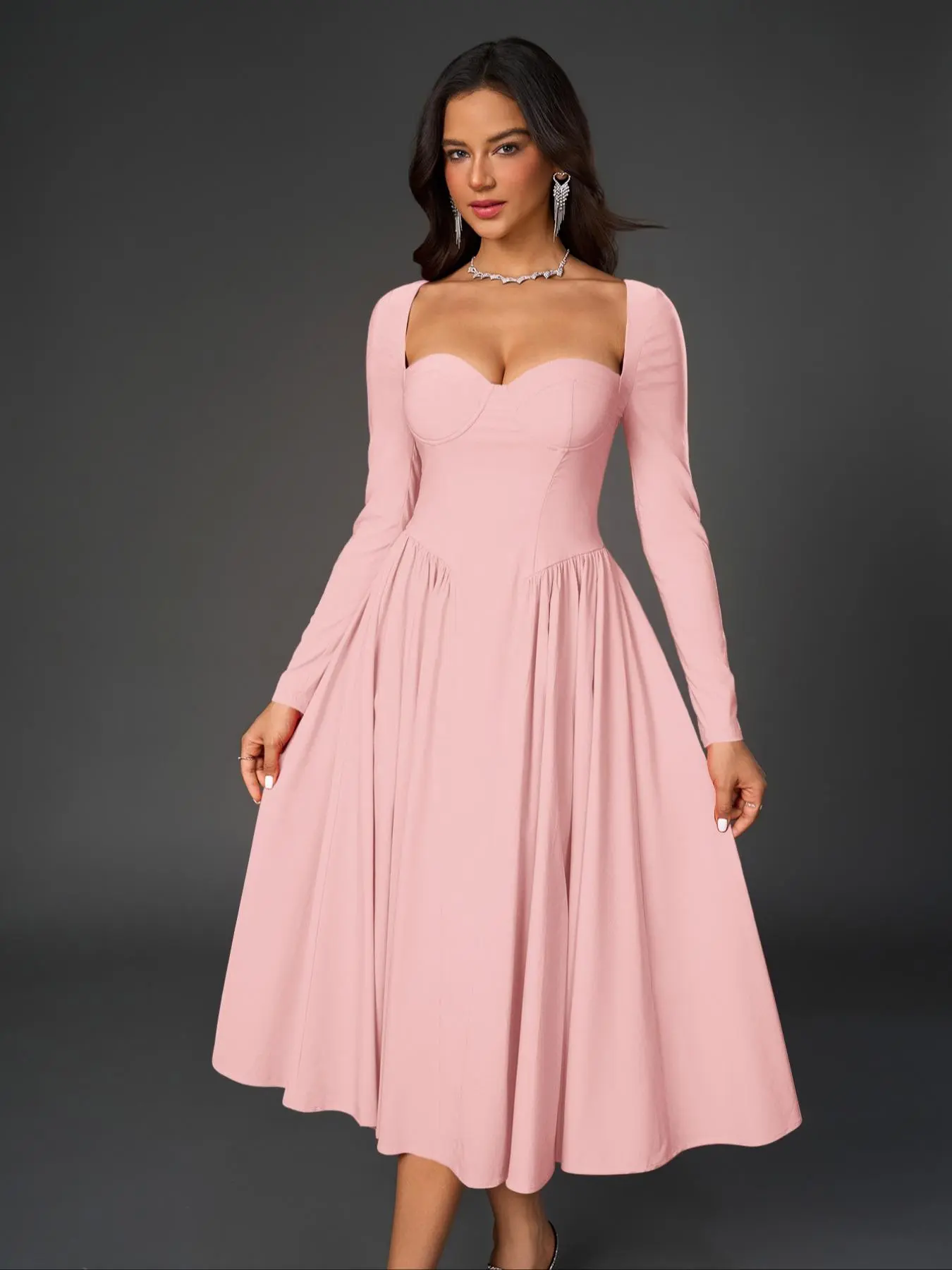 Women's Plain Ruched Tie Back Sweetheart Neck Dress, Elegant Long Sleeve A Line  Dress for Party Holiday Wedding Guest, Ladies Spring & Fall Clothes,  Elegant Formal Gowns