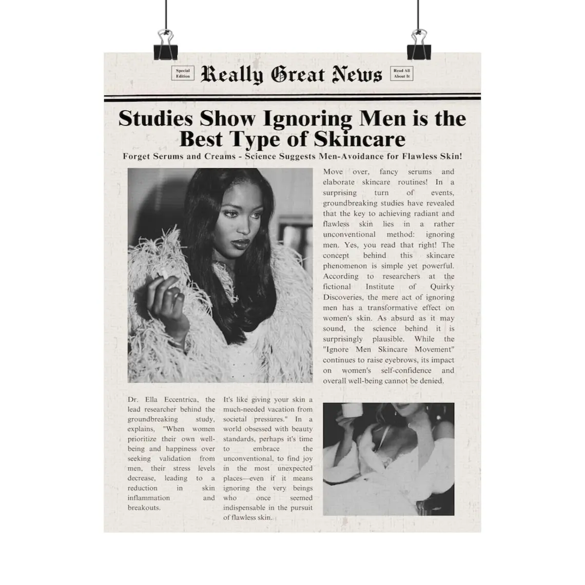 Trendy Newspapers Print, "Ignoring Men.. Best.. Skincare" Wall Art, Vintage Wall Art, Times News, Preppy Decor,Dorm decor,Bar Cart Wall Art