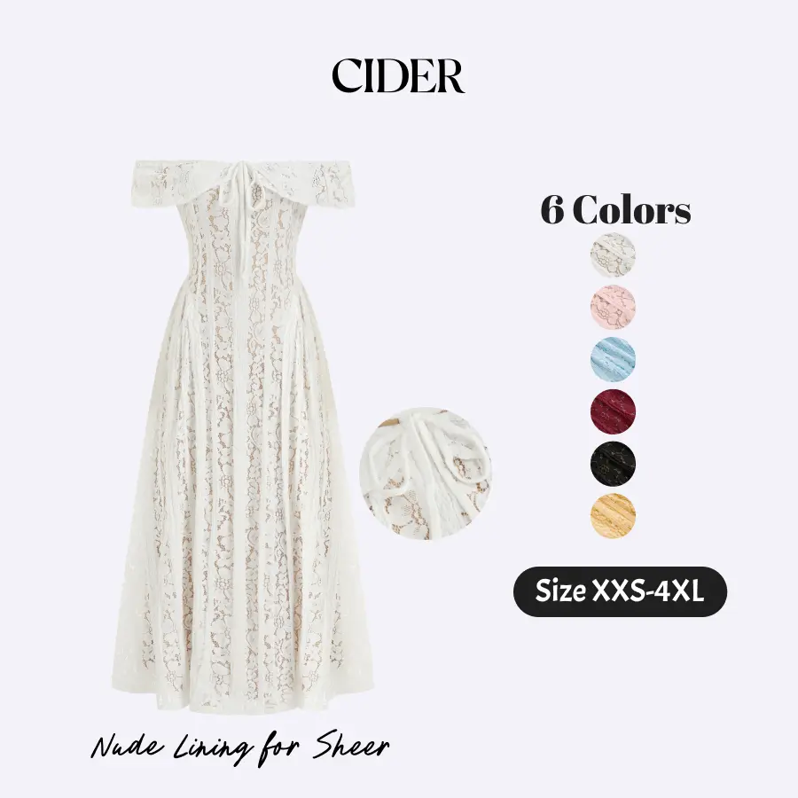 Cider Maxi Dress with Nude Lining for Sheer – Off-Shoulder Knotted Floral Lace Cotton Blend Elegant Romantic Women's Wedding Guest Date Night Gown, Summer Flared Regular Fit Long Dress SummerWins SummerFinds