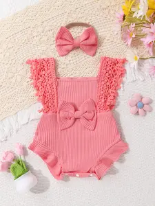 Cute Baby Girl Sweet, Soft, Comfortable, Breathable Solid Color Hollow Out Fringe Edge Dress Jumpsuit With Headband Suitable For Casual Parties, Vacations And Outings