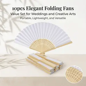 10Pcs Blank White Bamboo Folding Fans, Lightweight Portable Hand Fans for DIY Crafts, Wedding Favors & Party Decor
