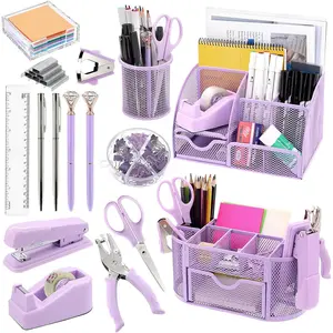17 in 1 Purple Desk Organizers and Accessories Set, 3 Office Desk Supplies Storage Organization, 4 Pens, Stapler, Staples & Remover, Tape & Dispenser, , Ruler, Clips, Hole Punch  to School