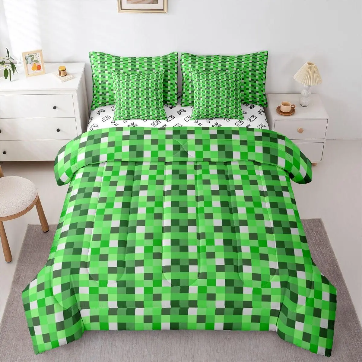 Feelyou Ultra Soft 7-Piece Checkered Grid Gaming Bedding Set - Pixel Video Game Themed Comforter, Sheets, Green Abstract Camo Duvet, Multi-Size for Kids Boys, Seven Pieces