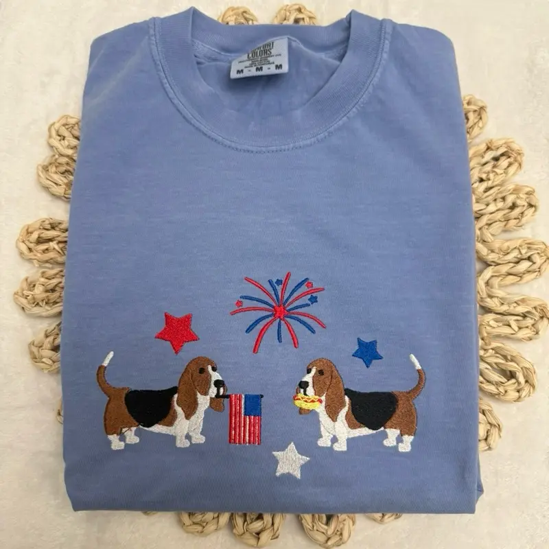 USA Basset Hound embroidered Fourth of July doggie comfort colors T-shirt