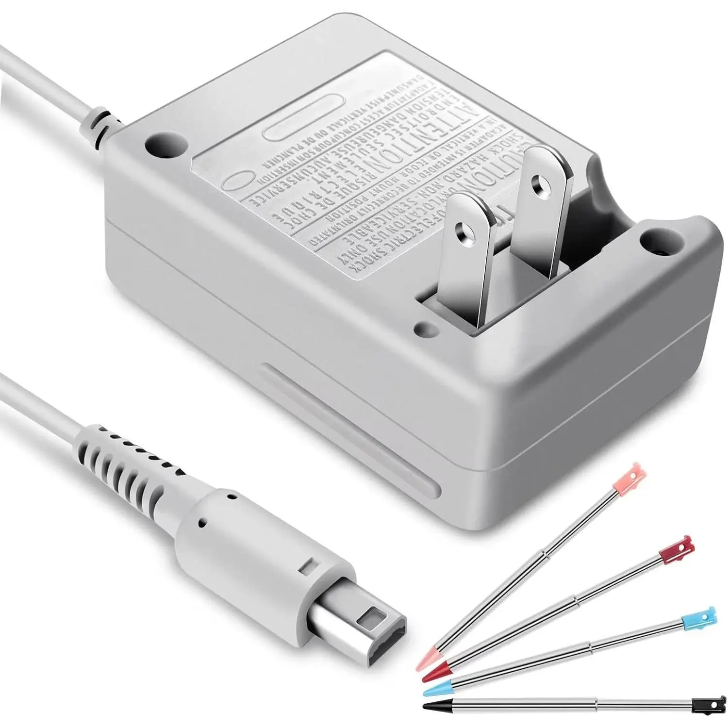 Multi-Model 3DS Charger Kit with Synthetic Flexible Extensible Cord, 100-240V Wall Plug Adapter, 4 Metal Retractable Stylus Pens, Cooling Overheat-Safe Design for 3DS/3DS XL/3DS LL/DSi/DSi XL/2DS/2DS XL Console Users (Manufacturer Warranty Included), Manu