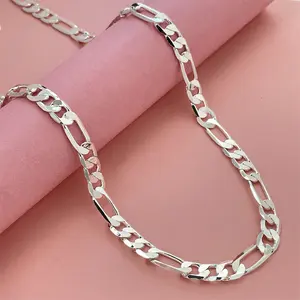 [1pc Silver Figaro Chain] 1pc 925 Silver Plated Stylish 8mm Wonmen Men's Flat Figaro Link Chain Necklace,Daily Fashion Hand Jewelry Accessory