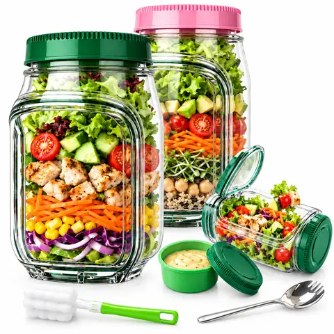 [Free Fork Gift] 35 oz Reusable Salad Jar with Dressing Cup, Side Opening & Leakproof Lid, Kitchen Meal Prep Bowl for Office, Travel
