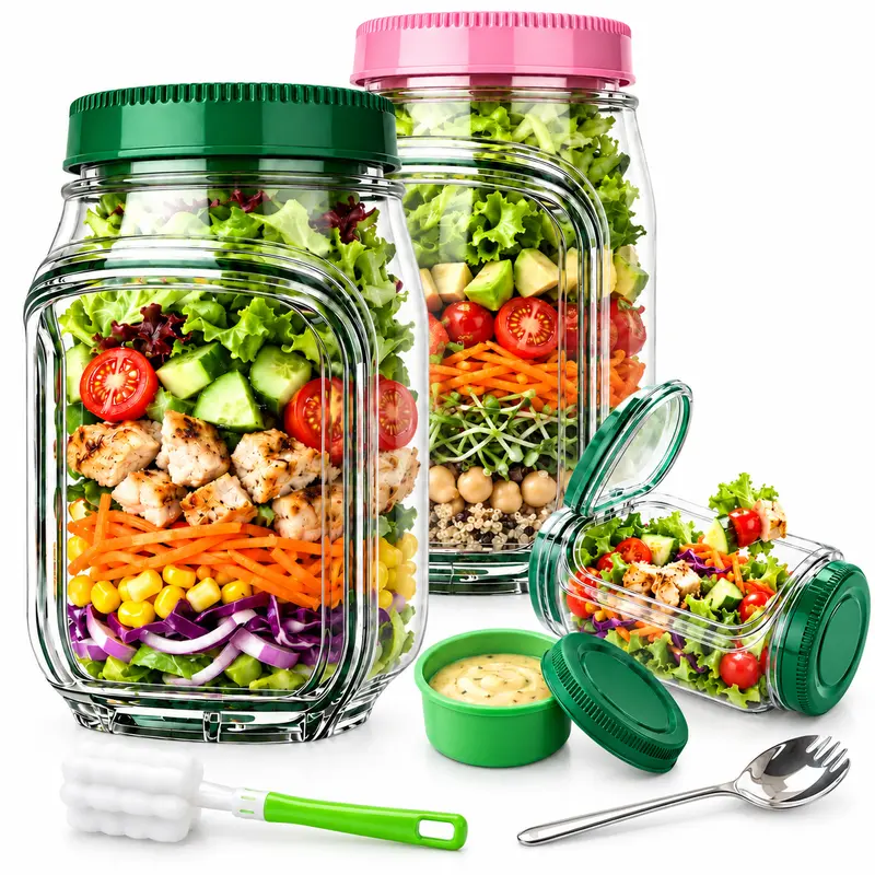 [Free Fork Gift] 35 oz Reusable Salad Jar with Dressing Cup, Side Opening & Leakproof Lid, Kitchen Meal Prep Bowl for Office, Travel