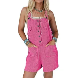 LAICIGO Women's Short Romper for Summer Casual Button Stripped Jumpsuit Adjustable Straps Cute Mini Overall with Pocket Comfort Striped