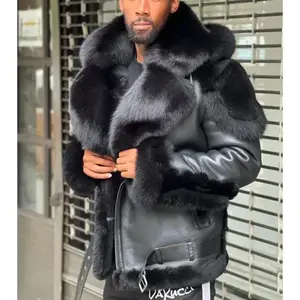 Men's Fashion Black Large Fur Collar Hooded Thickened Fleece Leather Jacket 6556 Casual Classic Winter Warm Coats with Long Sleeve Polyester Fabric for Slim Fit Sports & Jeans Menswear Loose European American Style