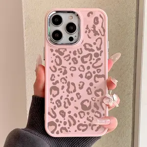 Pink metal photo frame, pink leopard print pattern, anti drop Shockproof phone case, soft shell with buttons, suitable for Apple XS/XR/11/12/13/14/15/16/17PRO/PROMAX/PLUS/AIR, Sending girlfriends, boyfriends, girlfriends, and family are all good choices!