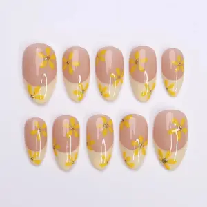Minimal Press on Nail Yellow Daisy with French Tip | Everyday Fake Nails in Short Almond | Handmade Nail Art for Holiday, Vacation, Birthday