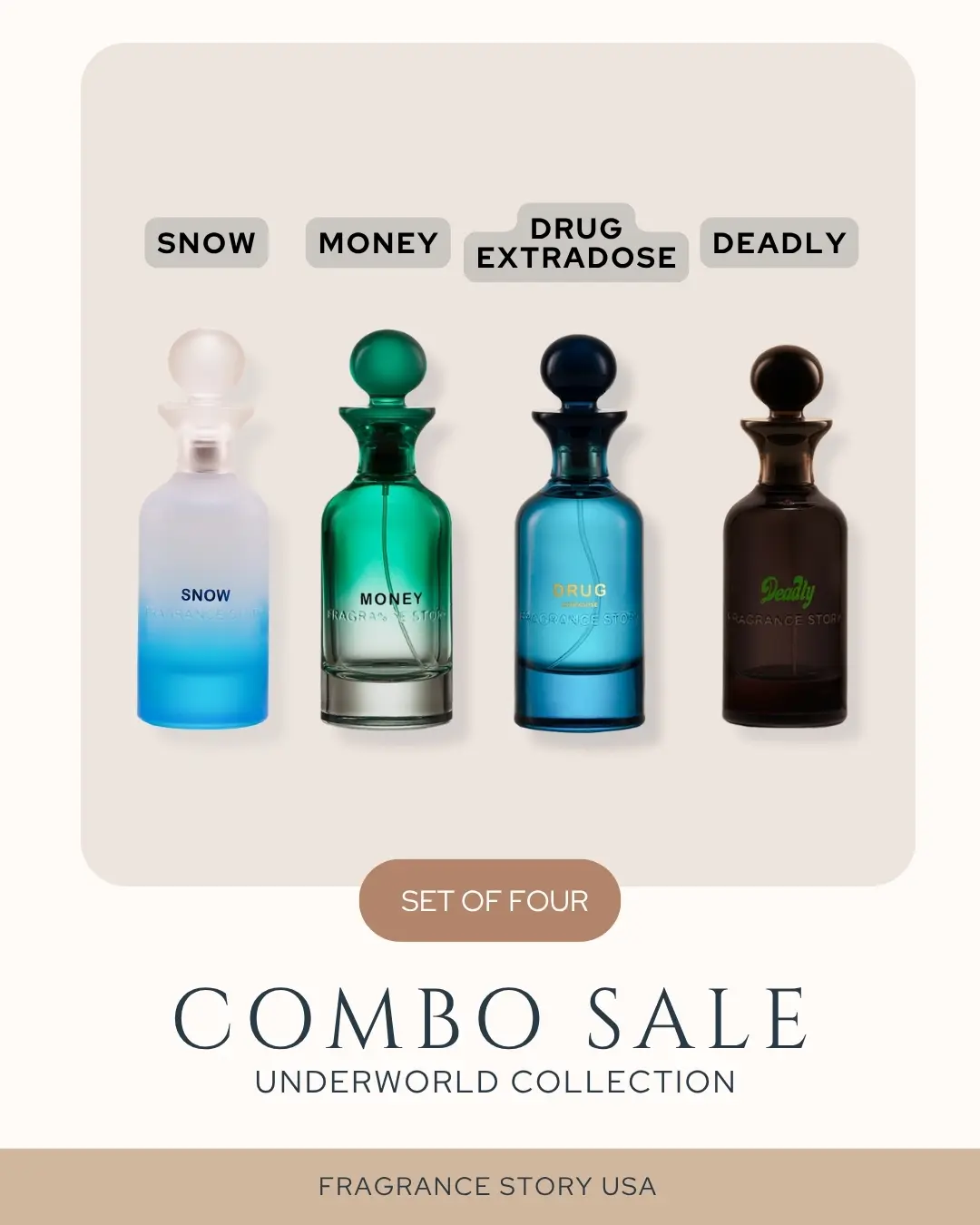 Fragrance Story Snow, Money, Drug Extradose & Deadly Men 3.4 Combo Sale Underworld Collection by Fragrance Story