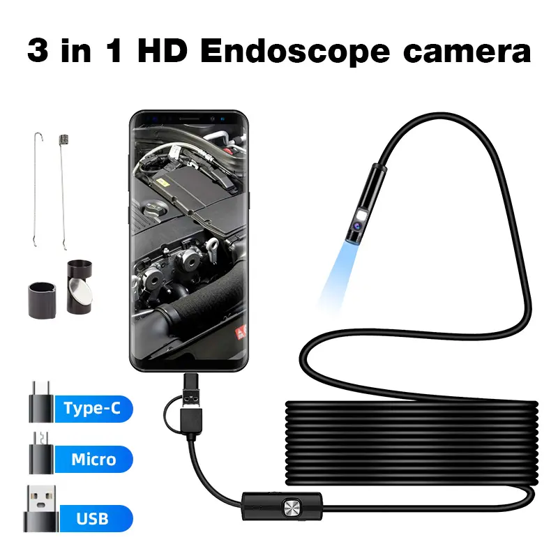 3-in-1 USB HD Borescope Inspection Camera, Adjustable LED Light Waterproof Device with Side Mirror, Magnet, Hook for Android Type-C, Micro USB Phones & PC Car Engine Repair