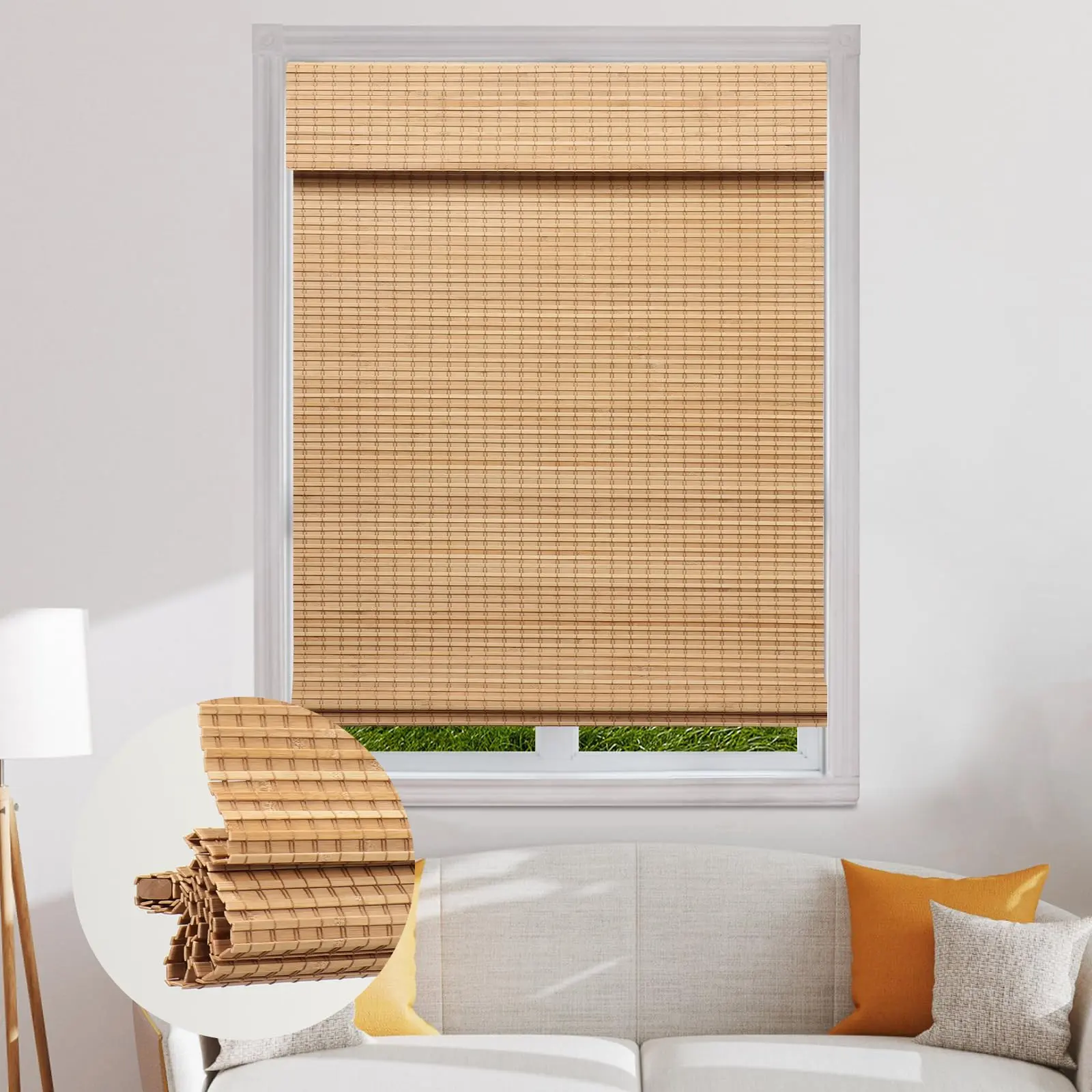 SEEYE Cordless Bamboo Roman Shades - Blackout Curtain Blinds, Natural UV-Resistant Privacy Roll-Up Shade for Home & Office, Easy to Install, 34" W x 64" H (Carbonized/Brown/Natural)