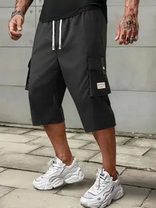 Men's fashion casual cargo pants, knee-length, drawstring waist, gray, black, khaki